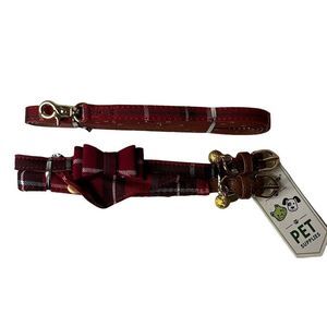Pet collars and leash combo set NEW red plaid NWT‎